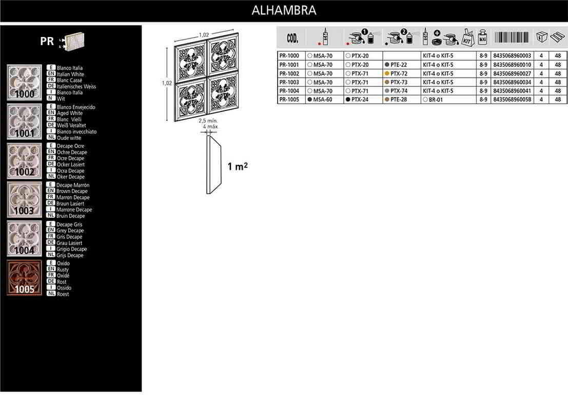 PanelPiedra, Vinatge, Alhambra Technisches Datenblatt
