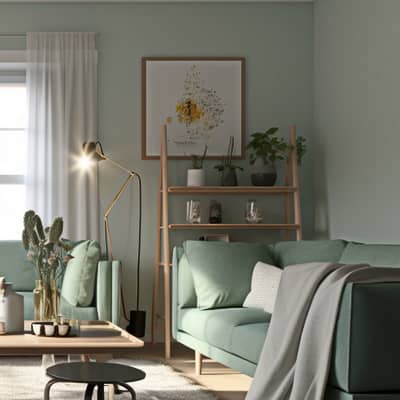 Wohnzimmer mit grüner Lehmfarbe